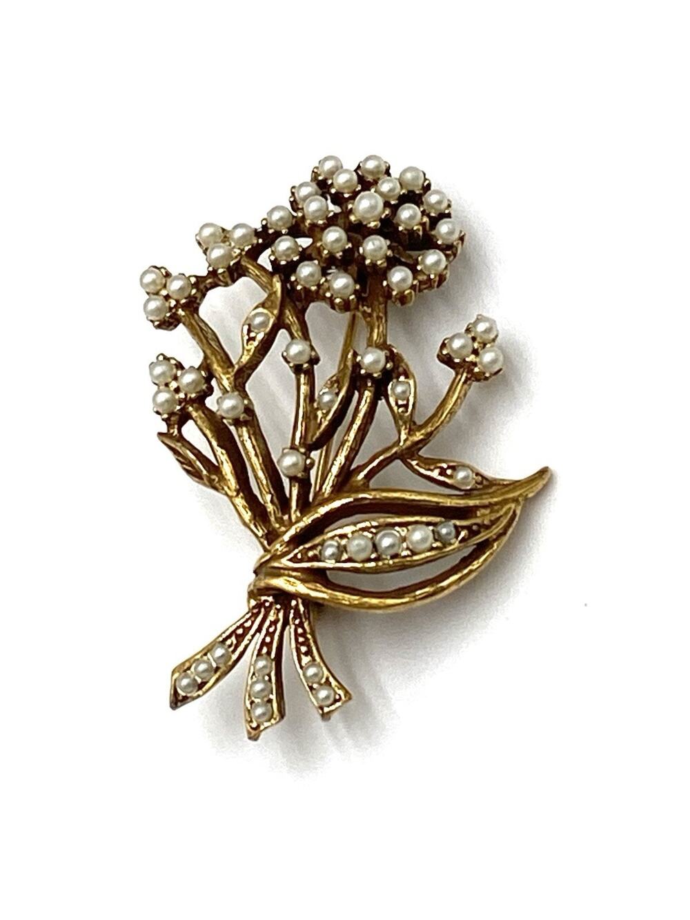 Hollycraft Brooch seed pearls Flower Bouquet Unsigned Vintage